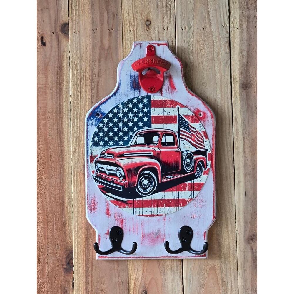 Red Pickup Wall Mount Plaque, Rustic Vintage, Solid Wood, Bottle Opener, Hooks